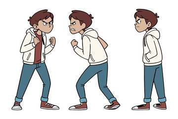 Character Poses: Boy in Hoodie, Three different views of a cartoon boy in a cream-colored hoodie, displaying various stances and expressions. Suitable for animation or graphic design projects. 