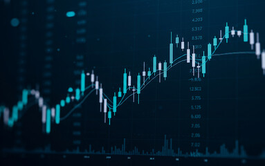 Stock market graph showing upward trend in blue tones on dark background.