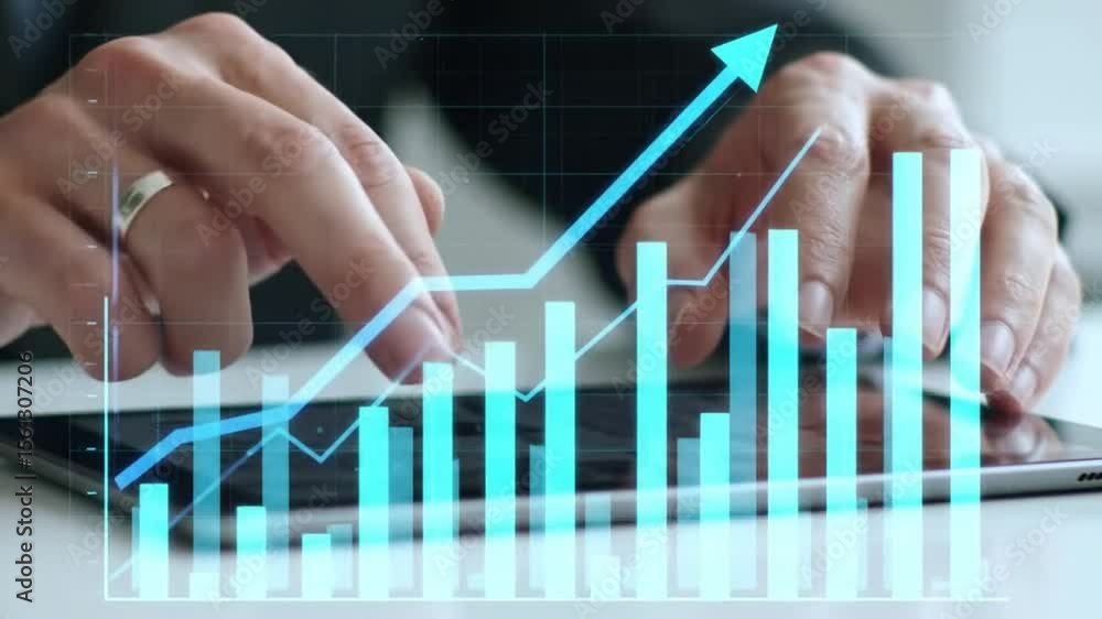Poster hands interact with data charts on tablet displaying business trends in white background analytics a