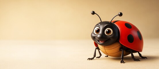 Cute cartoon ladybug with big eyes on light beige background with empty space for design use, advertising, or playful promotional template.