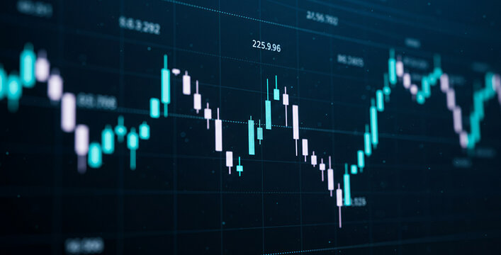 Stock market graph on a screen showing fluctuating financial data in blue.