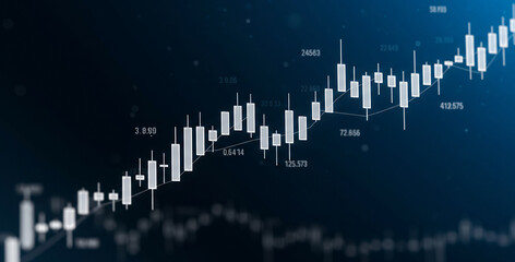 Candlestick chart showing market trends in blue and white on dark background.