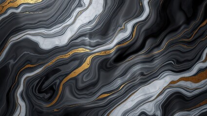 High-resolution abstract 3D wallpaper with swirling marble textures in tones of black, white, and gold. Deep shadows, fluid motion feel, elegant lighting, perfect for luxury branding or device backgro