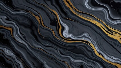 High-resolution abstract 3D wallpaper with swirling marble textures in tones of black, white, and gold. Deep shadows, fluid motion feel, elegant lighting, perfect for luxury branding or device backgro