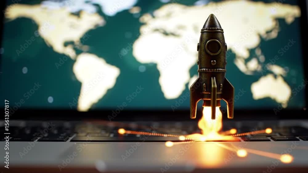 Poster rocket model on laptop displaying world map representing global business launch with orange glow on 