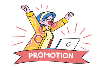 Excited cartoon woman celebrating a successful promotion with a laptop and a celebratory banner proclaiming her achievement
