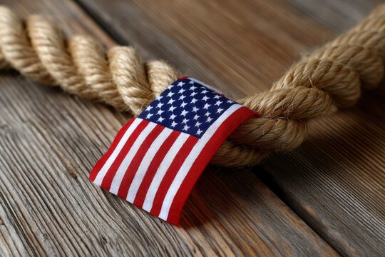 US flag wrapped around a tan rope placed on weathered wooden planks