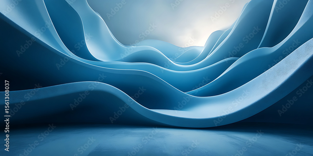 Poster elegant abstract landscape depicting soft blue waves with subtle light and shadow play in a serene a