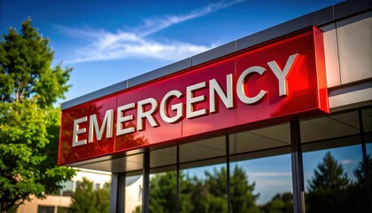 Vibrant red emergency sign on a hospital building, set against a clear blue sky and lush green trees.