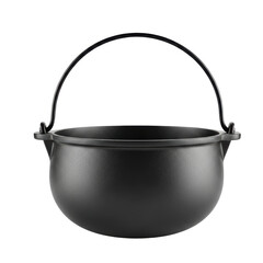 Fototapeta premium A traditional black cast iron cauldron pot with a sturdy metal handle, perfect for cooking, brewing, or as a decorative prop for halloween and fantasy themes.