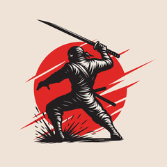 Warrior in Action with Sword background red moon