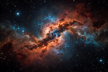 This stunning image captures a colorful nebula with swirling clouds of orange and blue gas illuminated by countless bright stars scattered across the dark infinite canvas of space