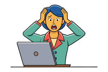 Frustrated woman with blue hair holding her head in despair while staring at her laptop screen