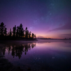 Night sky filled with violet-toned stars over a calm lake reflection