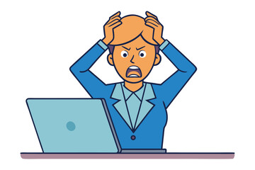 Frustrated businesswoman with hands on head in despair while working on a laptop expressing extreme stress and overwhelm