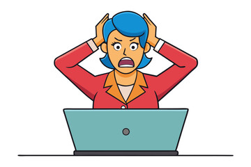 Frustrated businesswoman with blue hair clutches her head in despair while staring at her laptop screen with a shocked expression