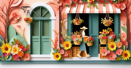 Fototapeta premium Papercraft illustration depicts charming flower shop. Woman carries basket filled blooms, vibrant sunflowers surround storefront.