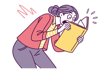 Shocked woman with wide eyes and open mouth reacts to surprising information found in a book