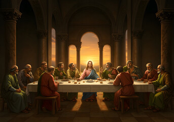 The Last Supper Painting Jesus with Disciples, Dining Table, Food, Religious Art, Bible Scene.