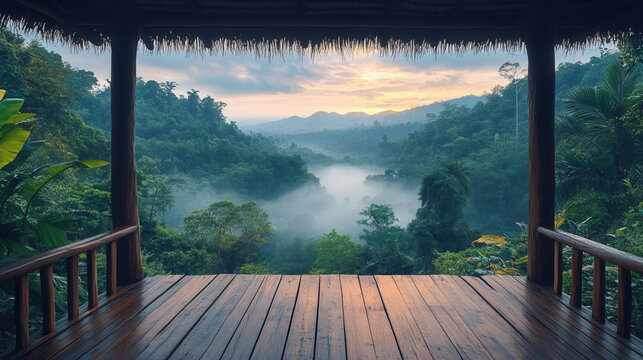 tropical morning mist over rainforest seen from wooden balcony, dense greenery and fog layers, peaceful nature background