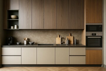 Modern minimalist kitchen interior with wooden cabinets, neutral tones, and built-in appliances in contemporary indoor home setting.