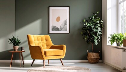 Bright living room featuring a yellow armchair, green plants, and elegant decor in a modern setting.