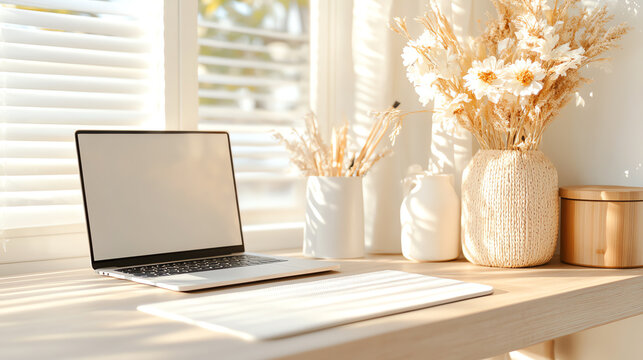 A bright and airy workspace featuring a laptop, minimalistic decor, and stylish dried flowers for an inspiring atmosphere.