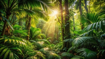 Dense foliage of tropical trees with sunlight filtering through leaves and casting dappled shadows on forest floor