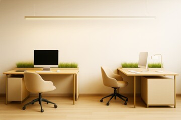 Modern minimalist office interior with two stylish work desks, beige chairs, green grass decor, and soft ambient lighting on light background.
