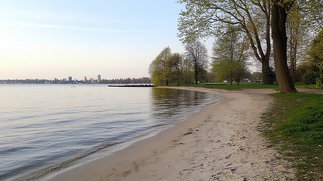 Serene lakeside beach scene at dawn, featuring calm water, sandy shore, lush green trees, and a distant cityscape - Powered by Adobe