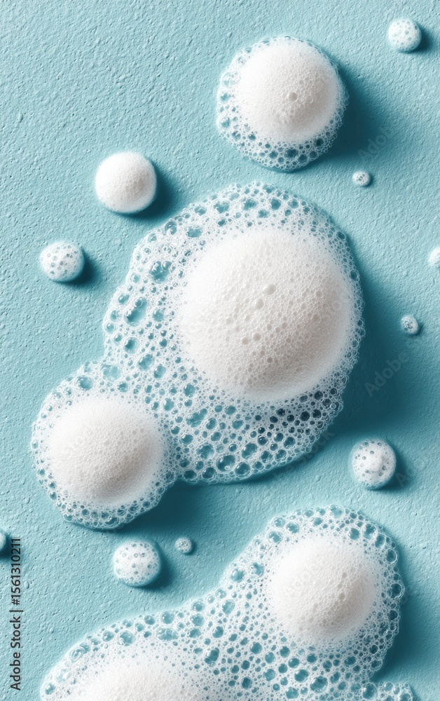 Poster close-up view of bubbles and foam on a light blue surface, creating a refreshing and clean aesthetic