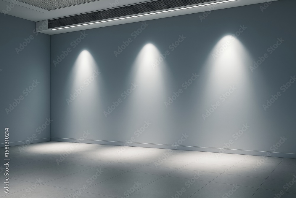 Poster contemporary empty room interior with spotlights on clean wall and tiled floor in modern architectur
