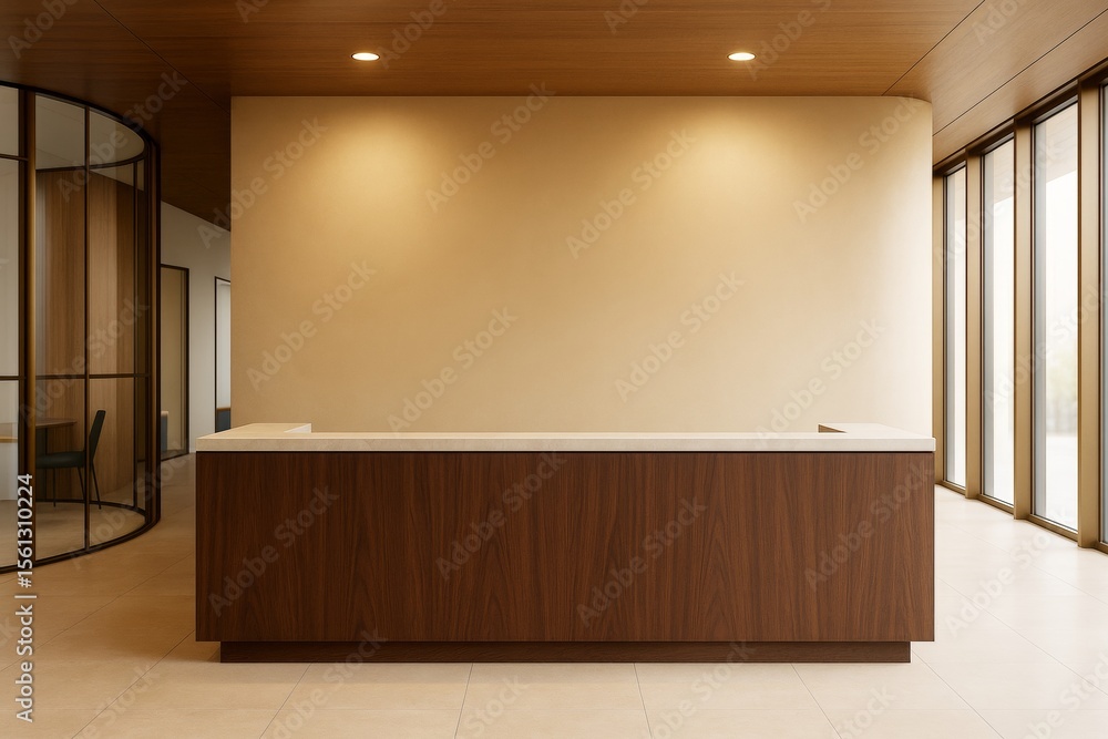 Poster Modern minimalist reception area with clean wooden desk and light walls in a contemporary office interior space with large windows and soft lighting.