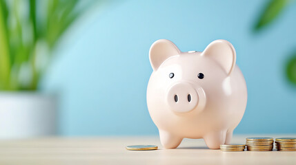 A close-up of a piggy bank surrounded by coins on a wooden table, symbolizing savings and financial growth.