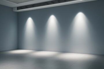 Contemporary empty room interior with spotlights on clean wall and tiled floor in modern architectural space for branding or design template concept.