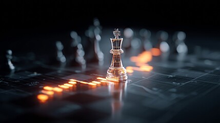 In the foreground of a scene featuring financial graphs, a chessboard with glowing pieces is arranged, highlighting the king as a representation of strategic decision-making and market assessment
