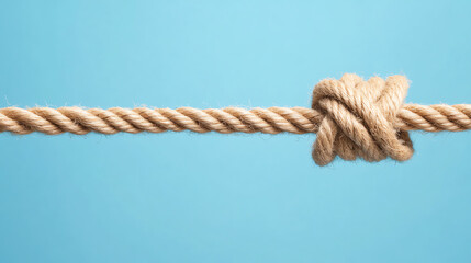 A close-up of a tightly tied rope knot on a blue backdrop, symbolizing strength, connection, and nautical themes.