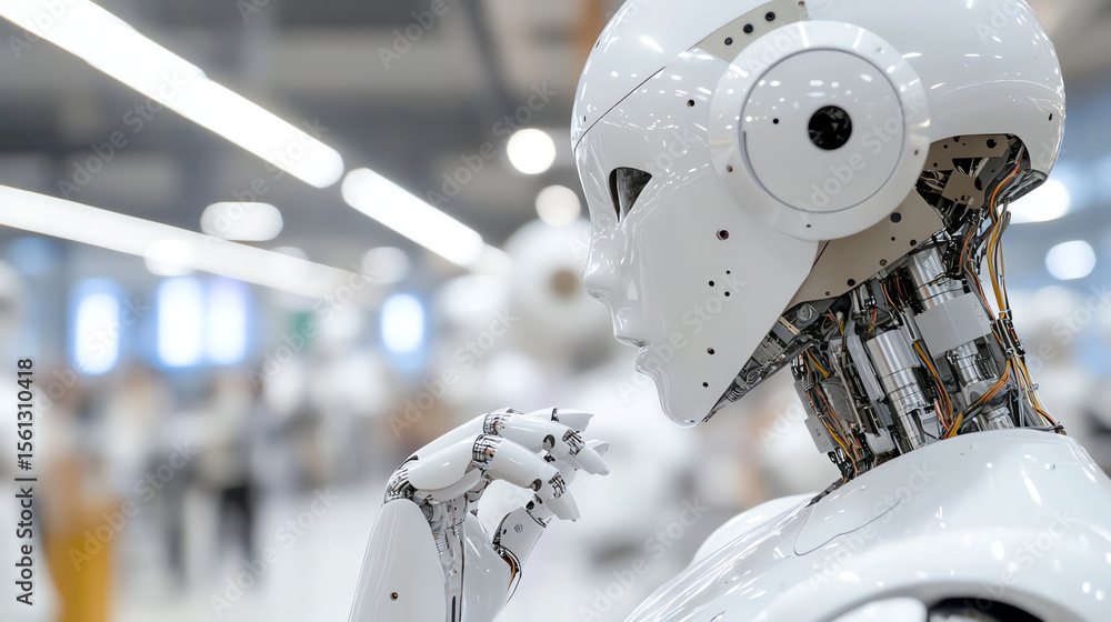Poster A close-up view of a humanoid robot showcasing intricate details and futuristic design elements in a modern setting.