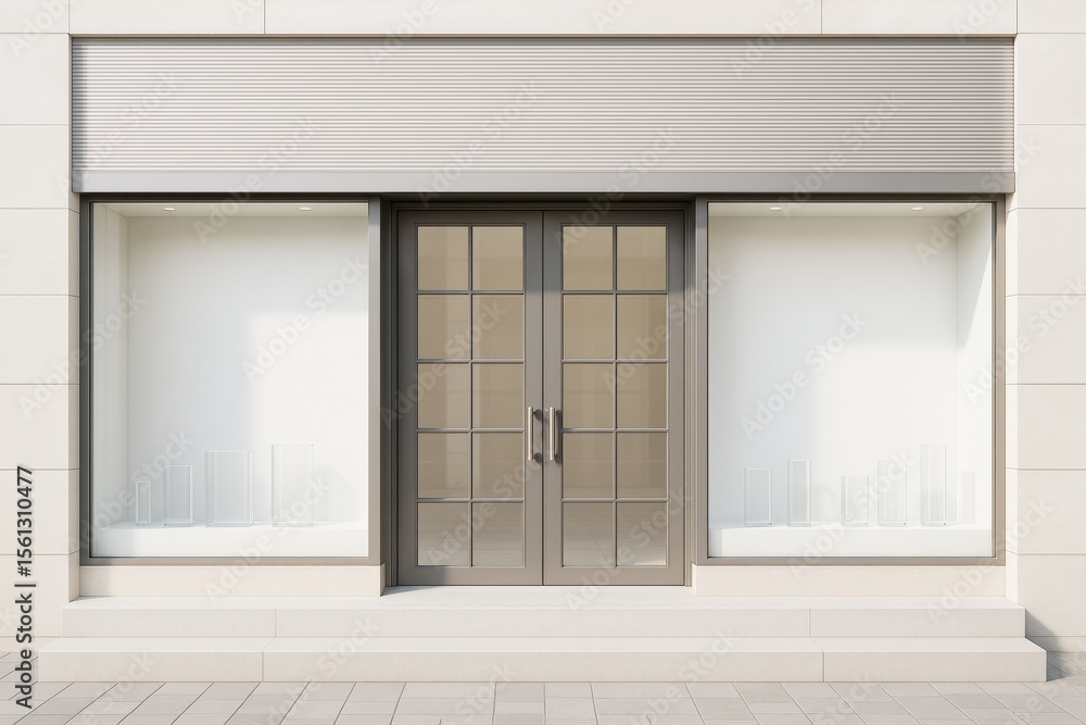 Poster empty storefront with modern glass double doors and blank display windows on clean tiled entrance ba