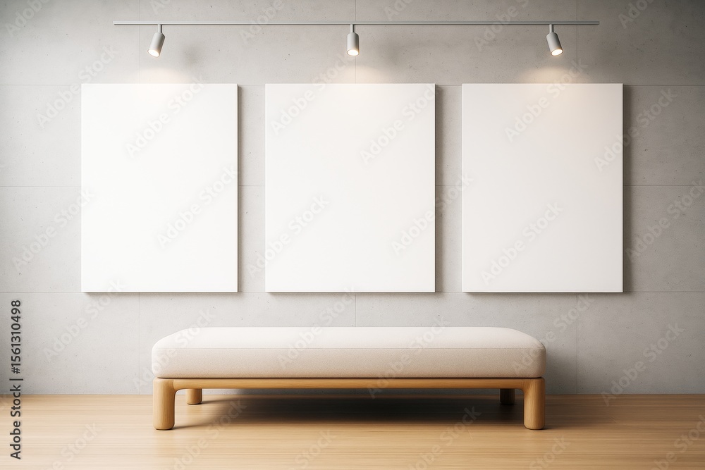 Poster contemporary interior with three blank canvases on a concrete wall above a minimalist bench under sp
