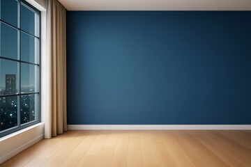 Modern empty interior room with blue wall, large window, and hardwood floor illuminated by city night lights outside the curtain window. Ai generative.