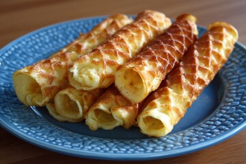 Waffle rolls arranged on a textured blue plate set atop a light wood surface