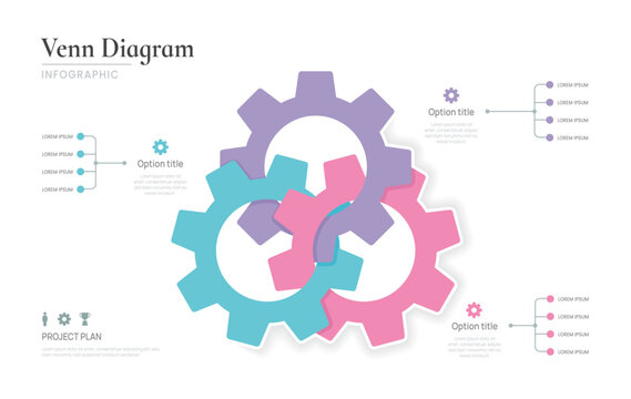 Venn diagram business infographic circle chart template 3 gear options, presentation with venn diagram elements vector illustration.