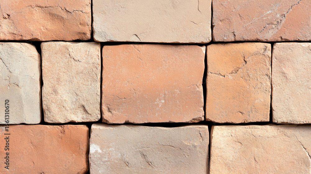 Aufkleber A close-up view of textured bricks showcasing a mix of warm colors and natural patterns, ideal for design and construction projects.