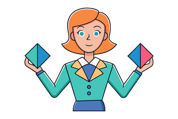 Businesswoman holding two colorful geometric shapes representing choices decisions and strategic planning in a professional context