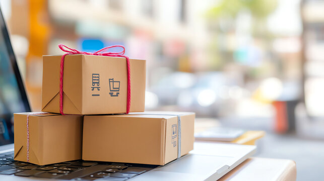 A close-up view of stacked delivery packages on a laptop, highlighting the essence of online shopping and convenience.