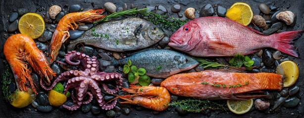 The seafood platter featuring a variety of fresh fish and shellfish garnished with lemon.