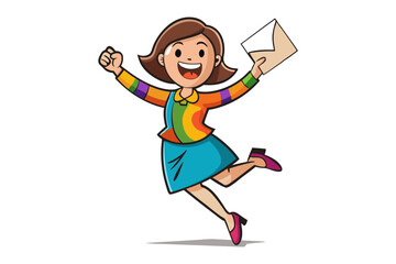 Joyful cartoon woman triumphantly jumps in the air holding an envelope celebrating good news or success