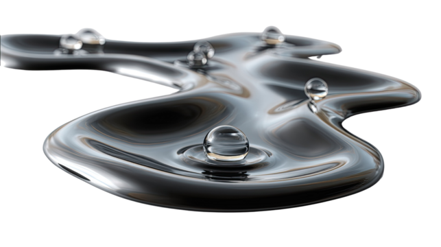 Mercury Drop Reflection: A mesmerizing display of physics and reflection as droplets of water delicately rest atop a pool of mercury.