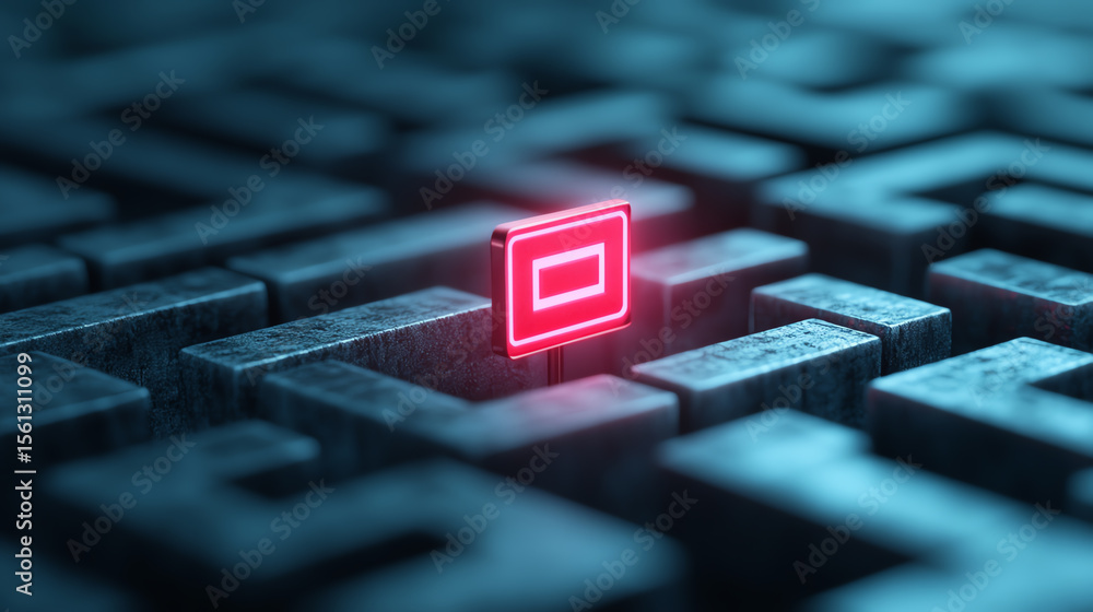 Poster a digital maze design with a bright neon square symbolizing guidance and direction in complex pathwa